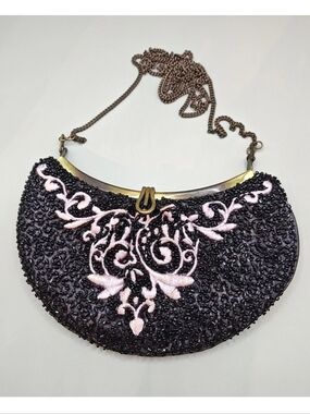 Vtg Art Deco Flapper Beaded Purple Silk Crescent Moon Clutch Purse Chain Strap